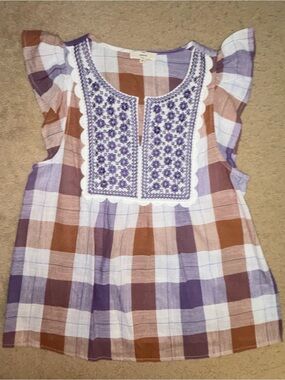 entro Purple and Brown Plaid Embroidered Flutter Sleeve Blouse
